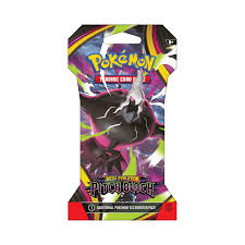 Pokémon trading card game booster pack with a black and white creature illustration on a colorful background.