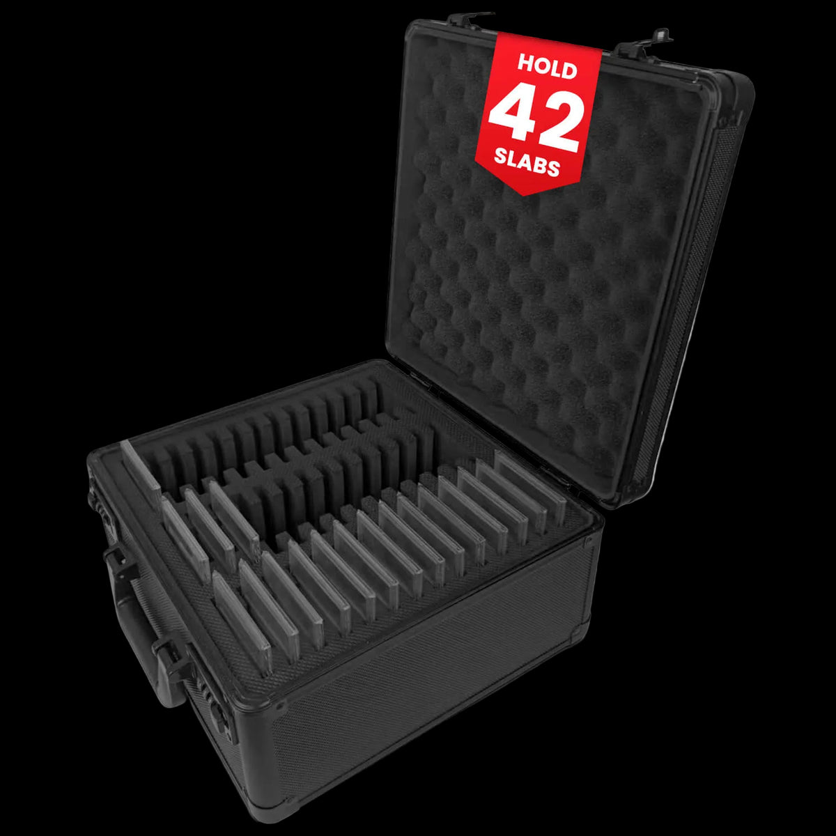 Black case with foam compartments holding 42 slabs, on a white background
