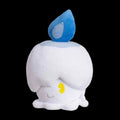 Plush toy with a blue top and white body on a white background