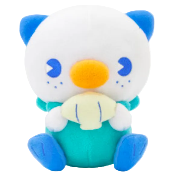 Plush toy with a blue, white, and orange design on a white background