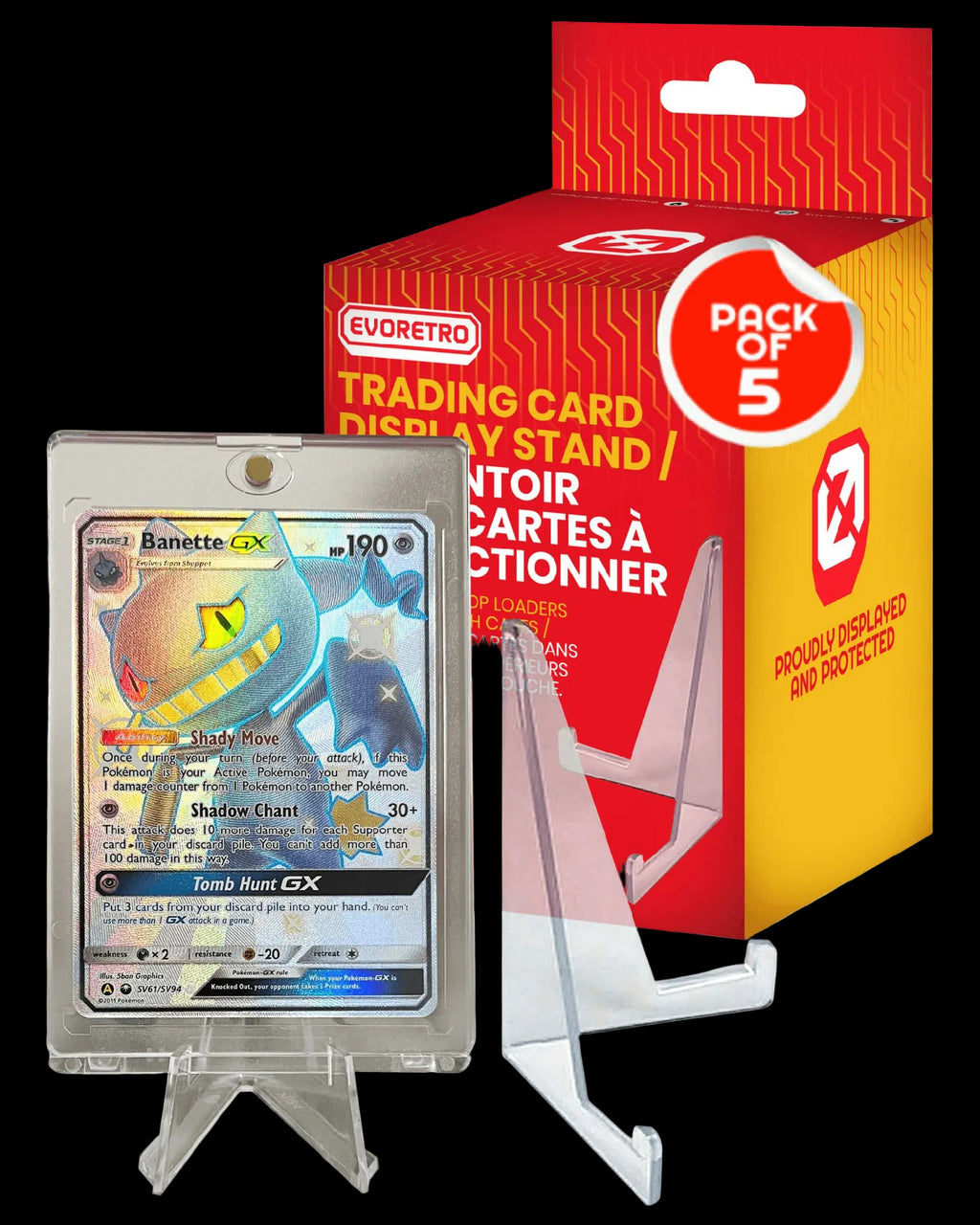 Trading card with a holder and Evretro trading card display stand packaging.