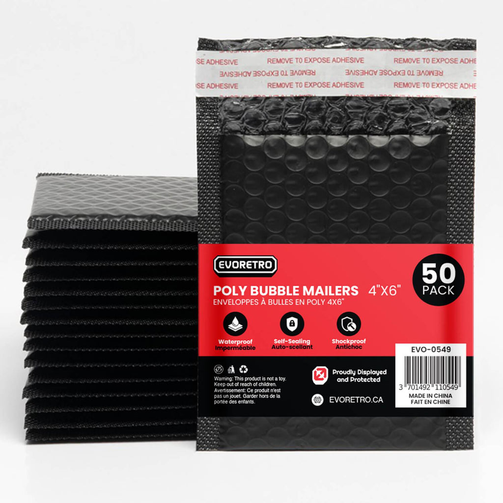 50x EVORETRO Poly Bubble Mailers  4x6" – Black Protective Shipping Envelopes